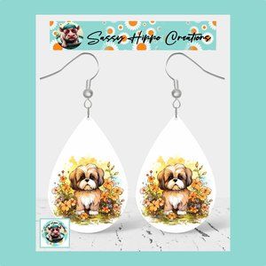 Earrings Cute Shih Tzu Dog Watercolor Flowers Hand Sublimated Printed on MDF